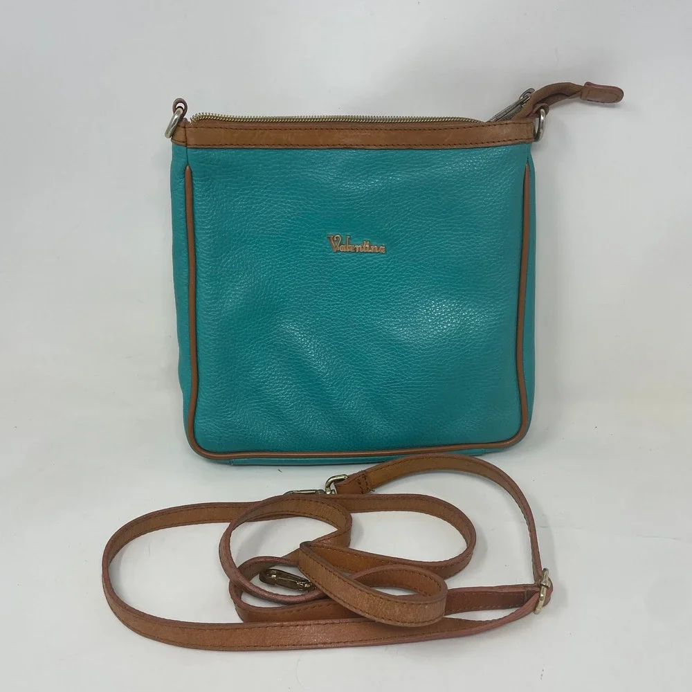 Valentina Italy Teal Blue Pebbled Leather Crossbody Bag Brown Trim Messenger